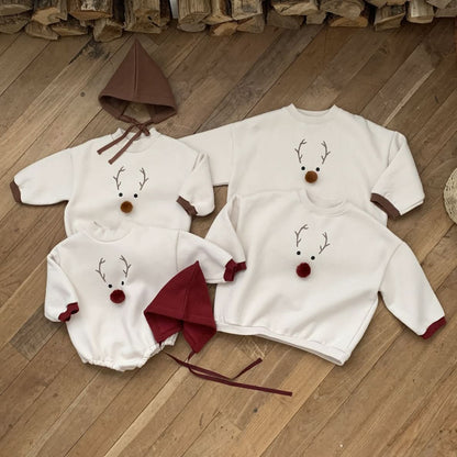 Baby W24 Back Brushed Fabric Reindeer Mock Neck Sweatshirt Romper and Bonnet Set (3 - 18m) - 2 Colors kids outfit