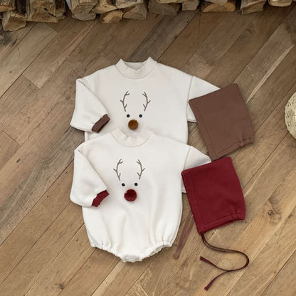 Baby W24 Back Brushed Fabric Reindeer Mock Neck Sweatshirt Romper and Bonnet Set (3 - 18m) - 2 Colors kids outfit