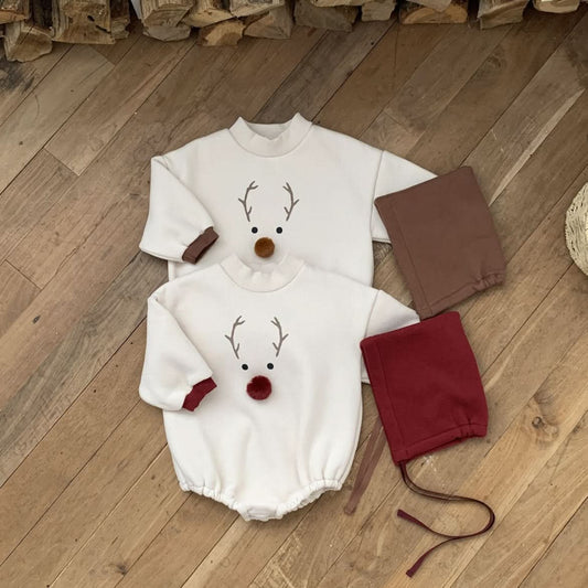 Baby W24 Back Brushed Fabric Reindeer Mock Neck Sweatshirt Romper and Bonnet Set (3 - 18m) - 2 Colors kids outfit