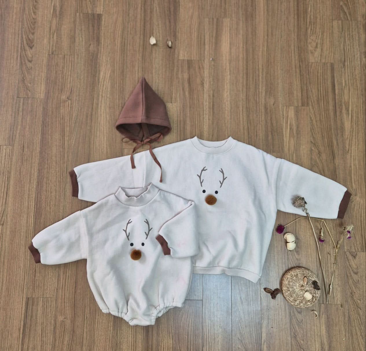 Baby W24 Back Brushed Fabric Reindeer Mock Neck Sweatshirt Romper and Bonnet Set (3 - 18m) - 2 Colors kids outfit