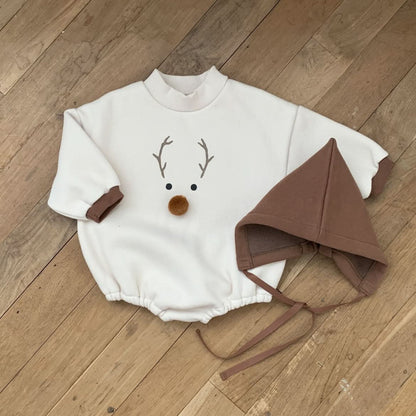 Baby W24 Back Brushed Fabric Reindeer Mock Neck Sweatshirt Romper and Bonnet Set (3 - 18m) - 2 Colors kids outfit