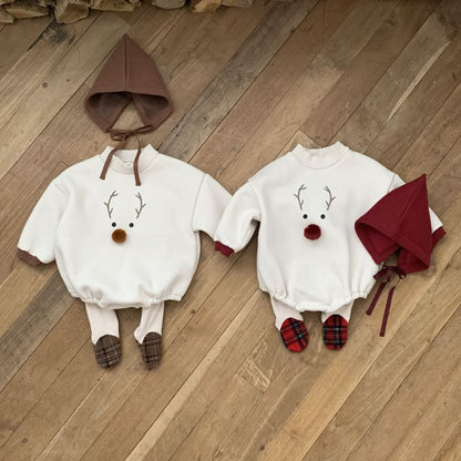 Baby W24 Back Brushed Fabric Reindeer Mock Neck Sweatshirt Romper and Bonnet Set (3 - 18m) - 2 Colors kids outfit
