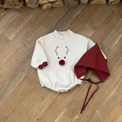Baby W24 Back Brushed Fabric Reindeer Mock Neck Sweatshirt Romper and Bonnet Set (3 - 18m) - 2 Colors kids outfit
