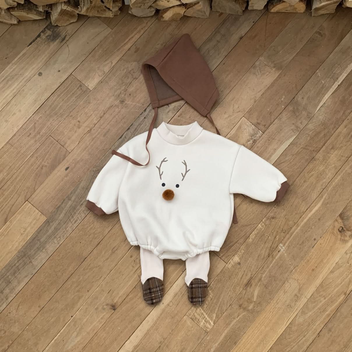 Baby W24 Back Brushed Fabric Reindeer Mock Neck Sweatshirt Romper and Bonnet Set (3 - 18m) - 2 Colors kids outfit
