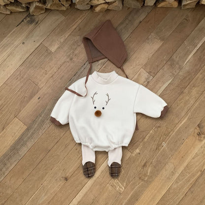 Baby W24 Back Brushed Fabric Reindeer Mock Neck Sweatshirt Romper and Bonnet Set (3 - 18m) - 2 Colors kids outfit