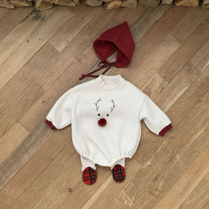 Baby W24 Back Brushed Fabric Reindeer Mock Neck Sweatshirt Romper and Bonnet Set (3 - 18m) - 2 Colors kids outfit
