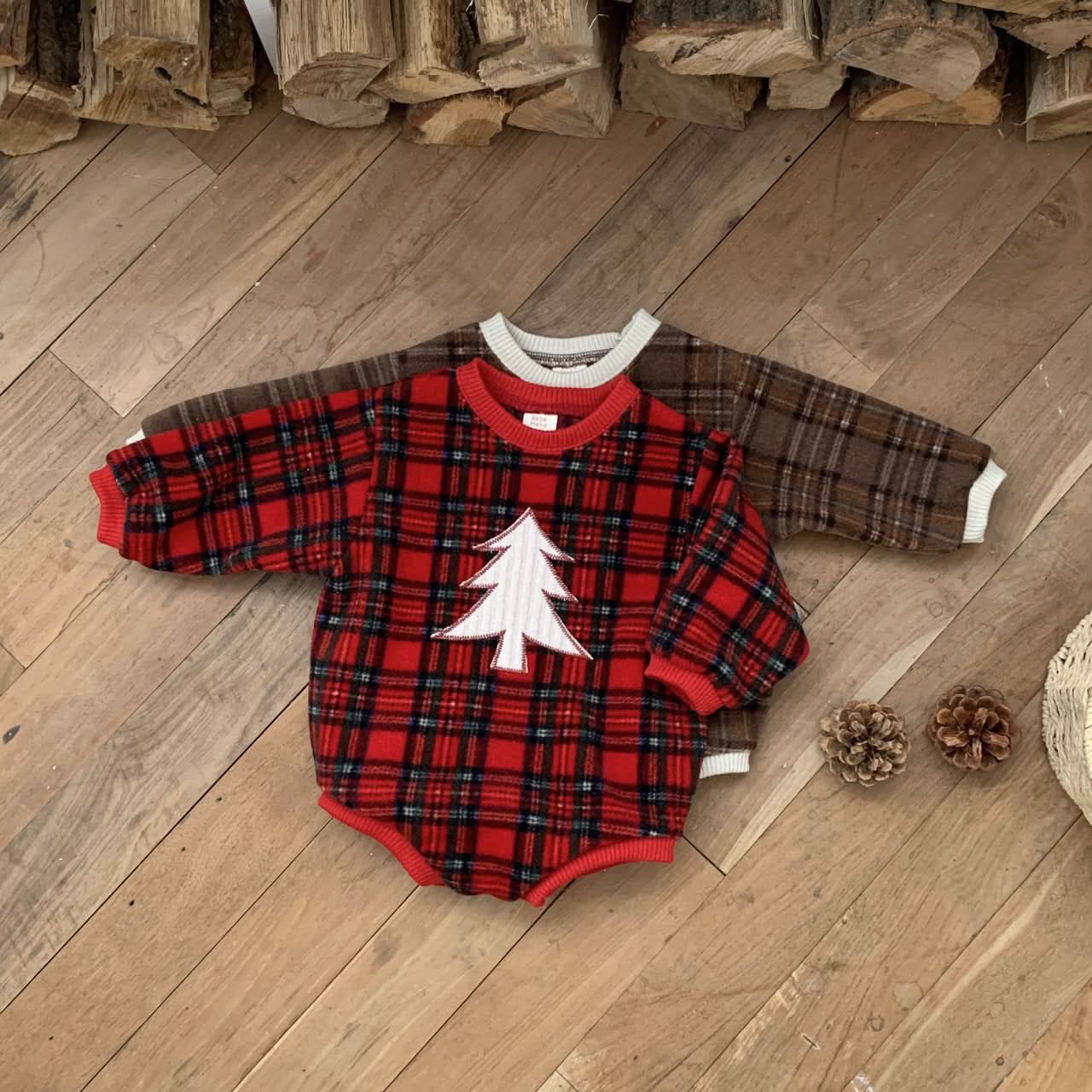 Baby W24 Fleece Tartan Check Tree Patch Sweatshirt Romper(3 - 18m) - 2 Colors kids outfit