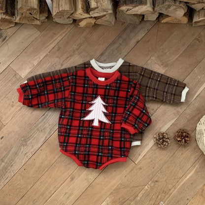 Baby W24 Fleece Tartan Check Tree Patch Sweatshirt Romper(3 - 18m) - 2 Colors kids outfit