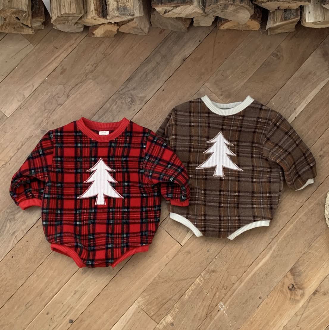 Baby W24 Fleece Tartan Check Tree Patch Sweatshirt Romper(3 - 18m) - 2 Colors kids outfit