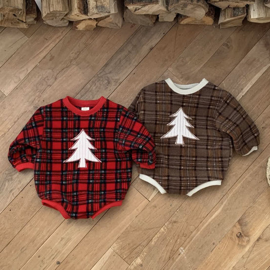 Baby W24 Fleece Tartan Check Tree Patch Sweatshirt Romper(3 - 18m) - 2 Colors kids outfit