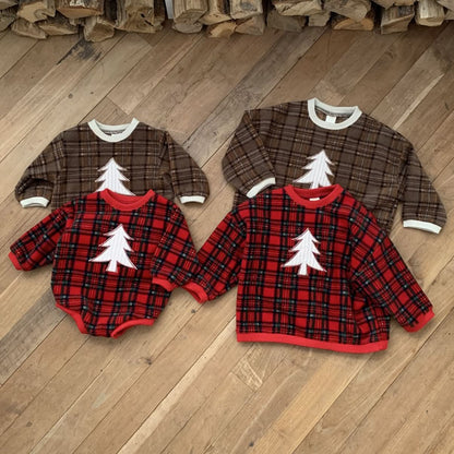 Baby W24 Fleece Tartan Check Tree Patch Sweatshirt Romper(3 - 18m) - 2 Colors kids outfit