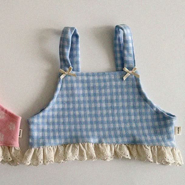 Baby/Toddler Aosta S25 Lace and Bow Detail Sleeveless Gingham Crop Top (3m - 5y) - Sky Blue kids outfit