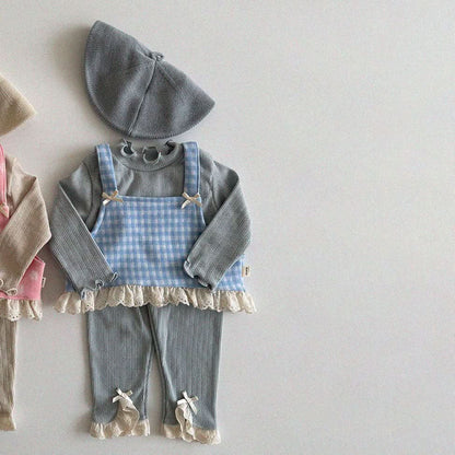 Baby/Toddler Aosta S25 Lace and Bow Detail Sleeveless Gingham Crop Top (3m - 5y) - Sky Blue kids outfit