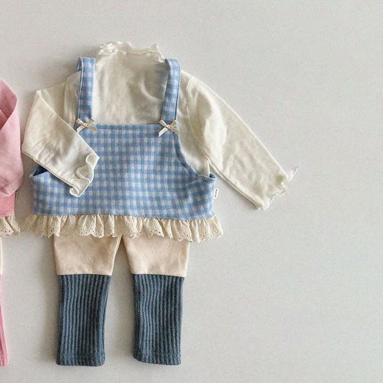 Baby/Toddler Aosta S25 Lace and Bow Detail Sleeveless Gingham Crop Top (3m - 5y) - Sky Blue kids outfit