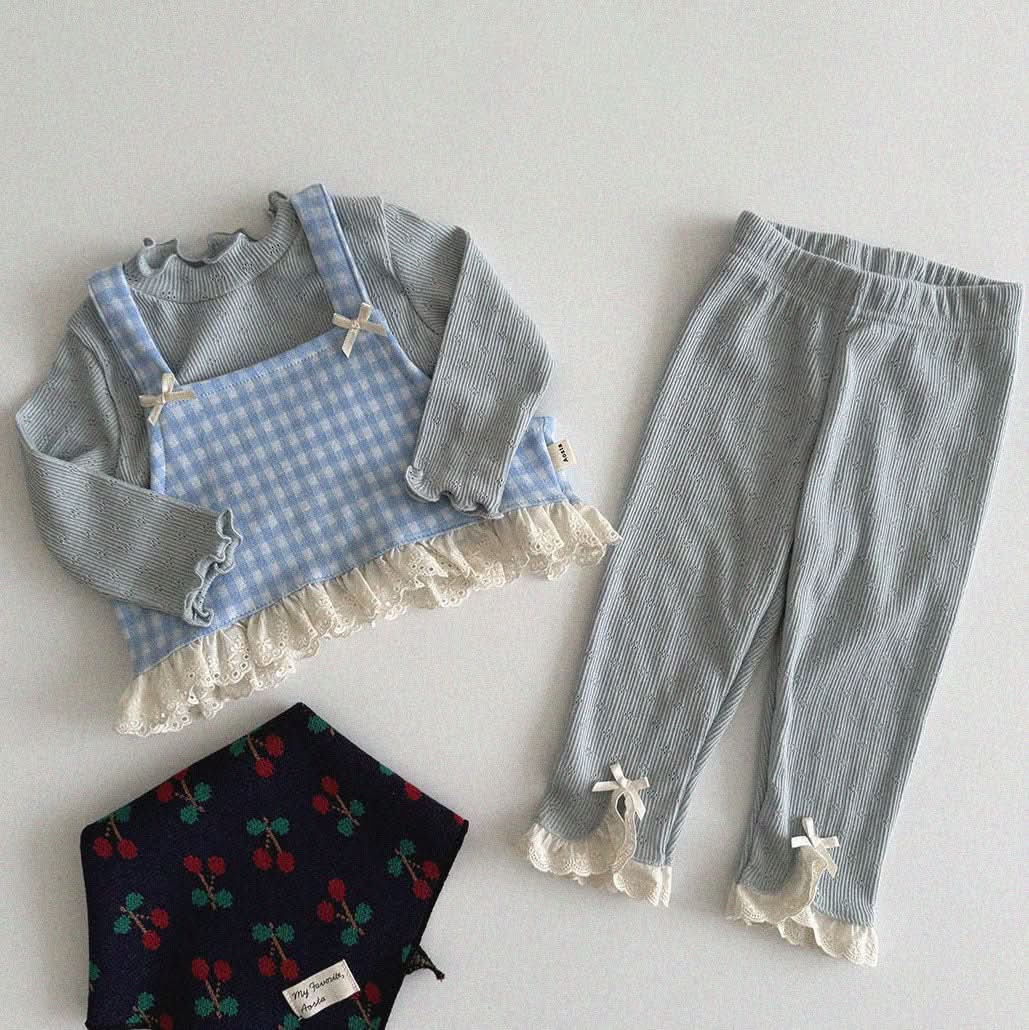 Baby/Toddler Aosta S25 Lace and Bow Detail Sleeveless Gingham Crop Top (3m - 5y) - Sky Blue kids outfit