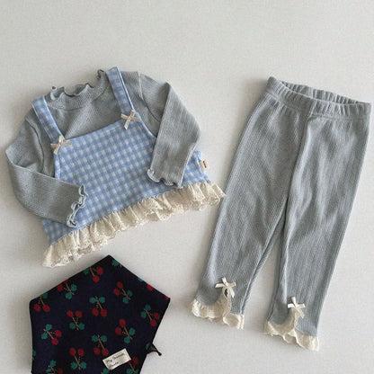 Baby/Toddler Aosta S25 Lace and Bow Detail Sleeveless Gingham Crop Top (3m - 5y) - Sky Blue kids outfit