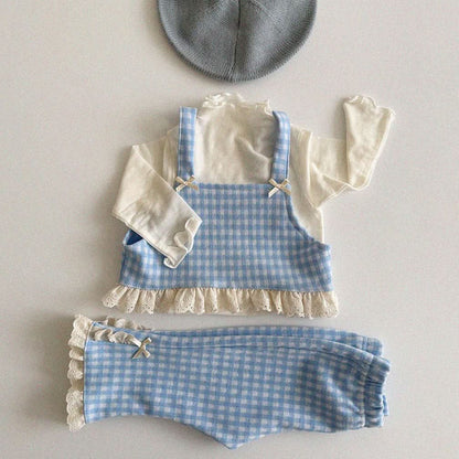 Baby/Toddler Aosta S25 Lace and Bow Detail Sleeveless Gingham Crop Top (3m - 5y) - Sky Blue kids outfit