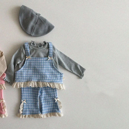 Baby/Toddler Aosta S25 Lace and Bow Detail Sleeveless Gingham Crop Top (3m - 5y) - Sky Blue kids outfit