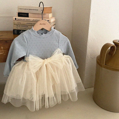 Baby/Toddler Aosta S25 Lettuce Edge Pointelle Ribbed Top Organza Bow Tutu Dress(3m - 5y) - 2 Colors kids outfit