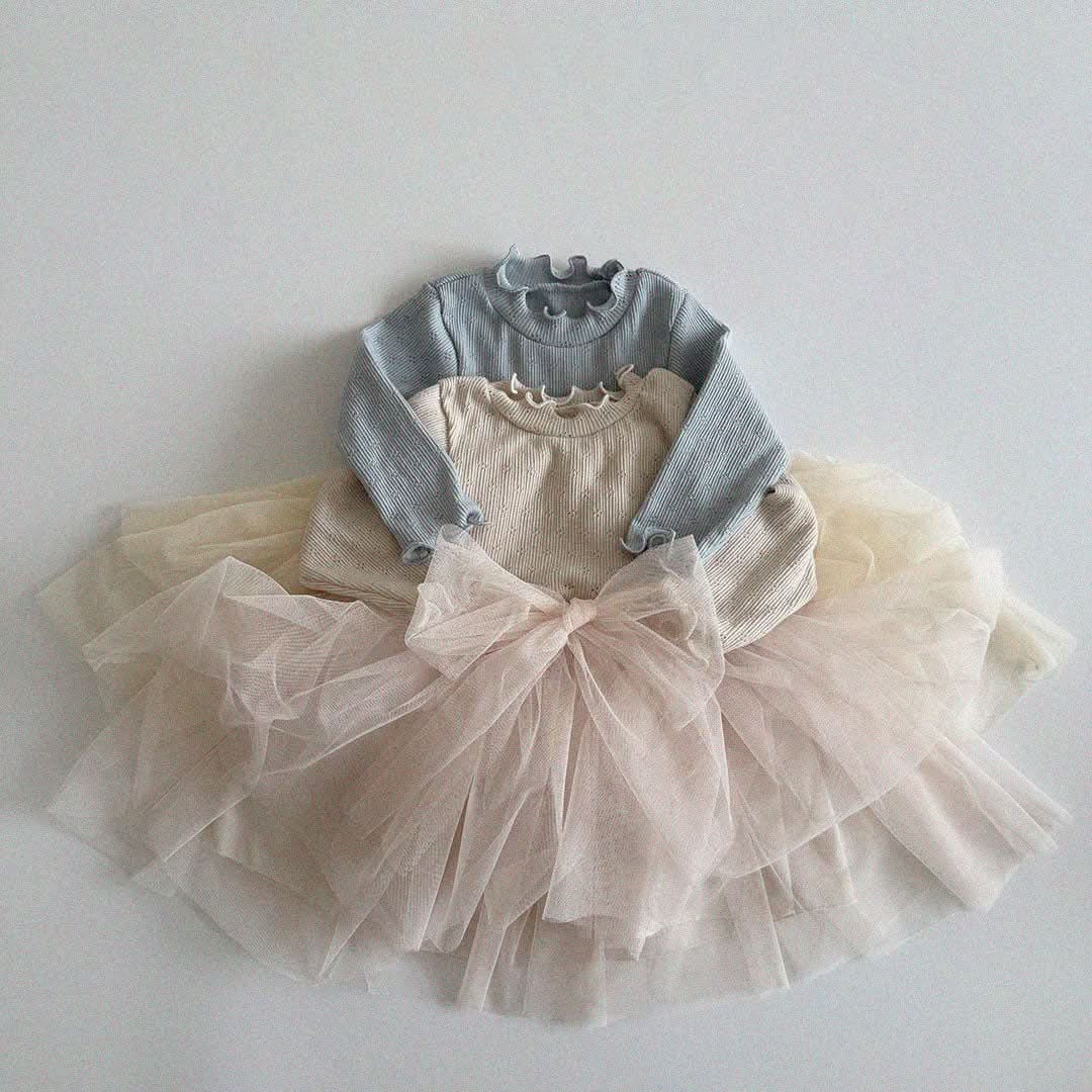 Baby/Toddler Aosta S25 Lettuce Edge Pointelle Ribbed Top Organza Bow Tutu Dress(3m - 5y) - 2 Colors kids outfit