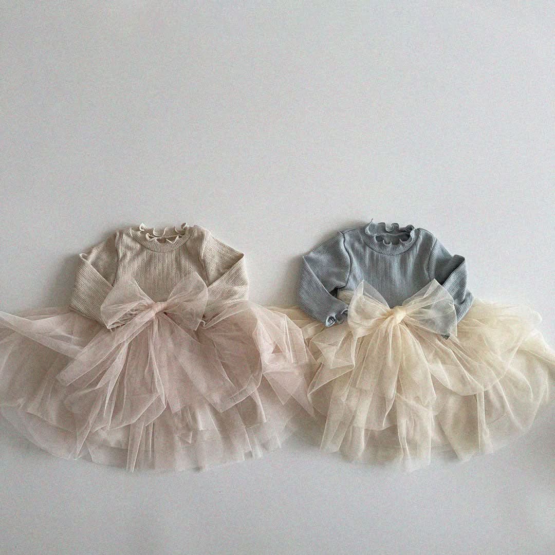Baby/Toddler Aosta S25 Lettuce Edge Pointelle Ribbed Top Organza Bow Tutu Dress(3m - 5y) - 2 Colors kids outfit