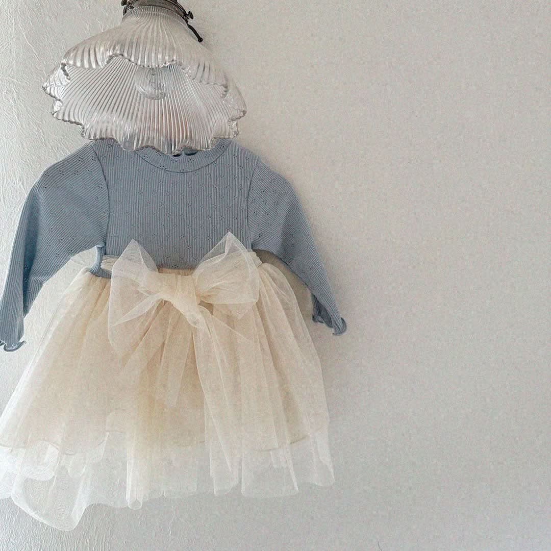Baby/Toddler Aosta S25 Lettuce Edge Pointelle Ribbed Top Organza Bow Tutu Dress(3m - 5y) - 2 Colors kids outfit