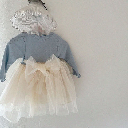 Baby/Toddler Aosta S25 Lettuce Edge Pointelle Ribbed Top Organza Bow Tutu Dress(3m - 5y) - 2 Colors kids outfit
