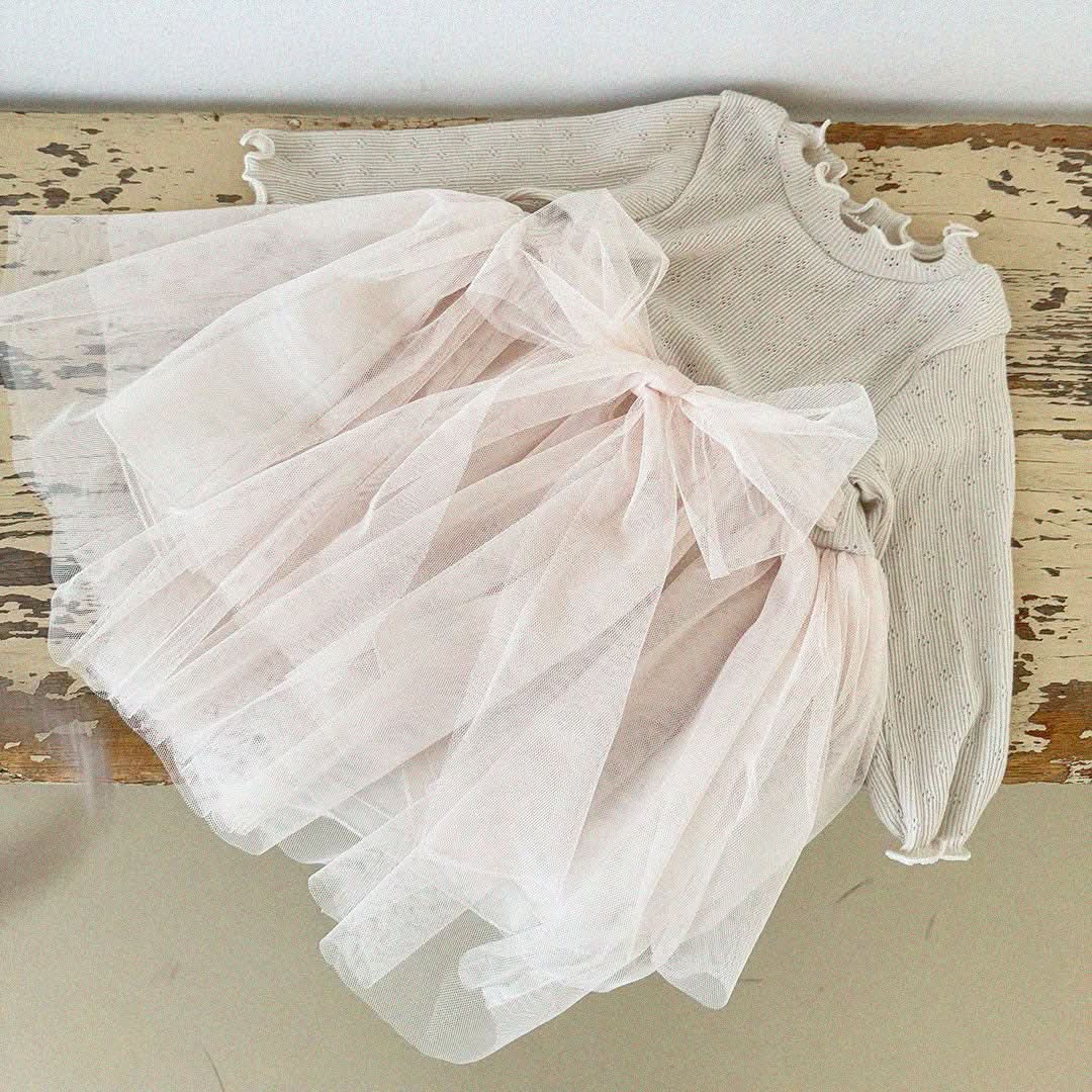 Baby/Toddler Aosta S25 Lettuce Edge Pointelle Ribbed Top Organza Bow Tutu Dress(3m - 5y) - 2 Colors kids outfit