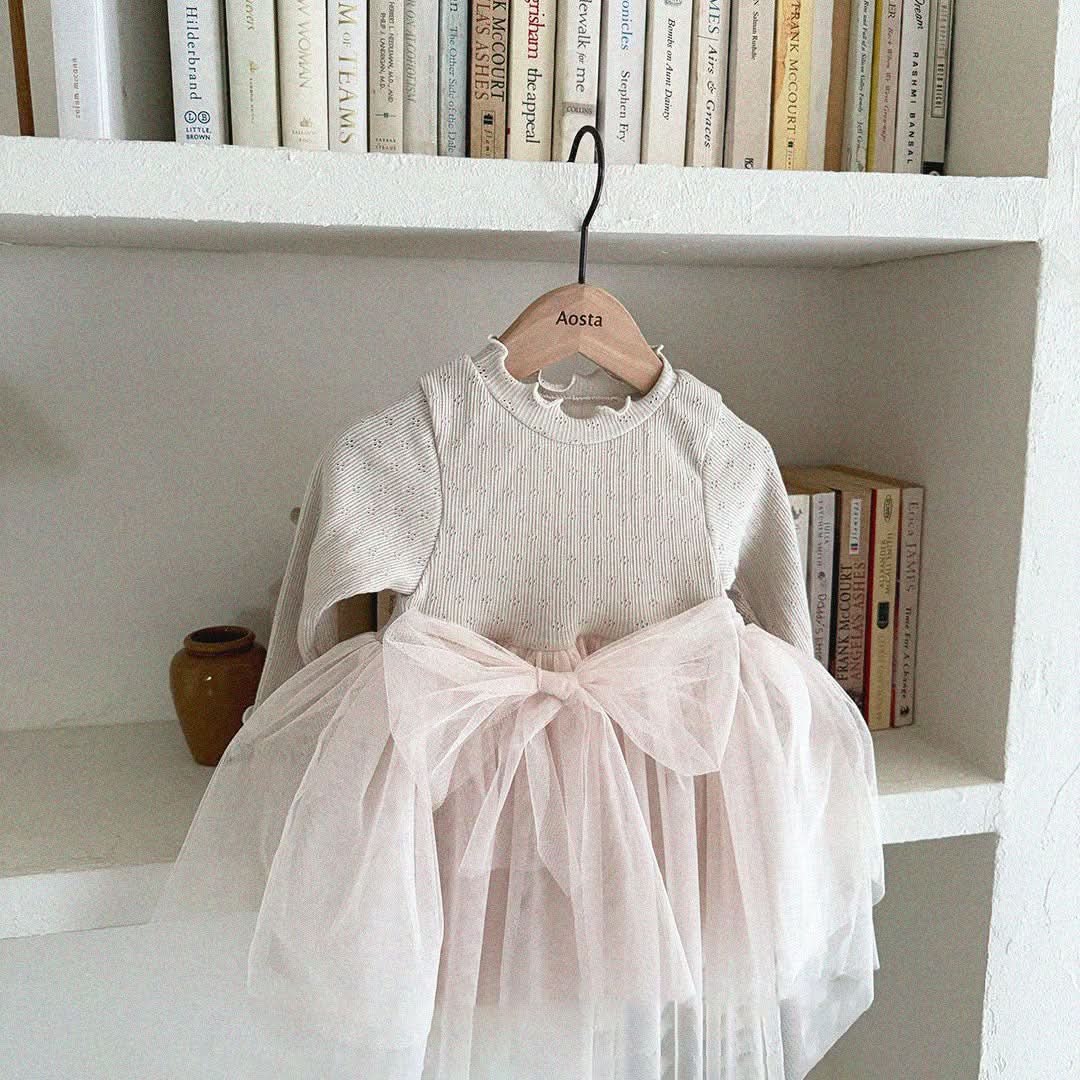 Baby/Toddler Aosta S25 Lettuce Edge Pointelle Ribbed Top Organza Bow Tutu Dress(3m - 5y) - 2 Colors kids outfit