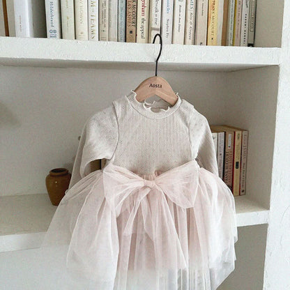 Baby/Toddler Aosta S25 Lettuce Edge Pointelle Ribbed Top Organza Bow Tutu Dress(3m - 5y) - 2 Colors kids outfit
