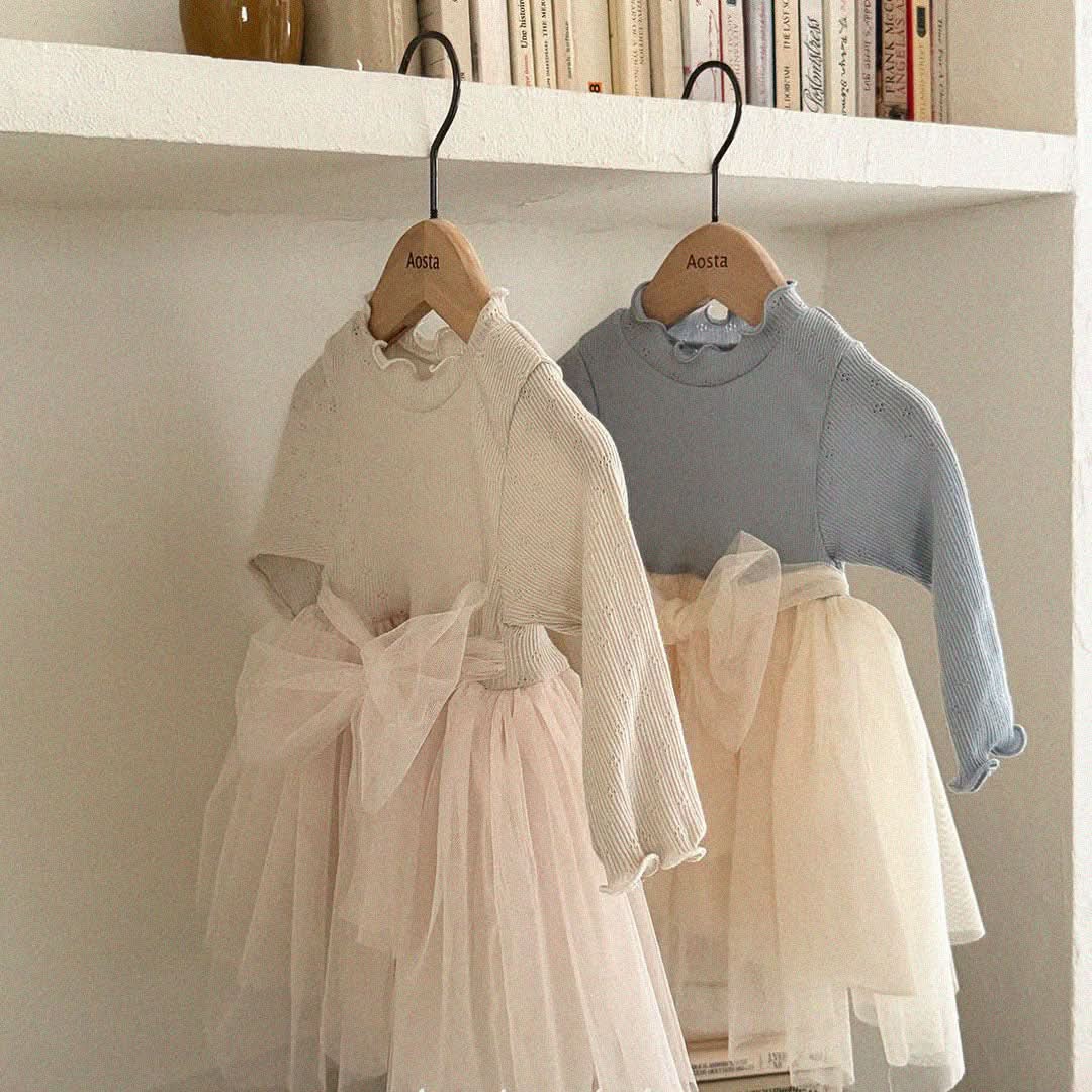 Baby/Toddler Aosta S25 Lettuce Edge Pointelle Ribbed Top Organza Bow Tutu Dress(3m - 5y) - 2 Colors kids outfit