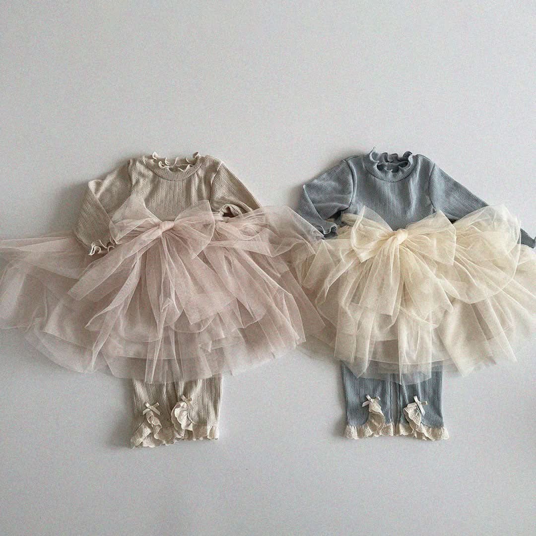 Baby/Toddler Aosta S25 Lettuce Edge Pointelle Ribbed Top Organza Bow Tutu Dress(3m - 5y) - 2 Colors kids outfit
