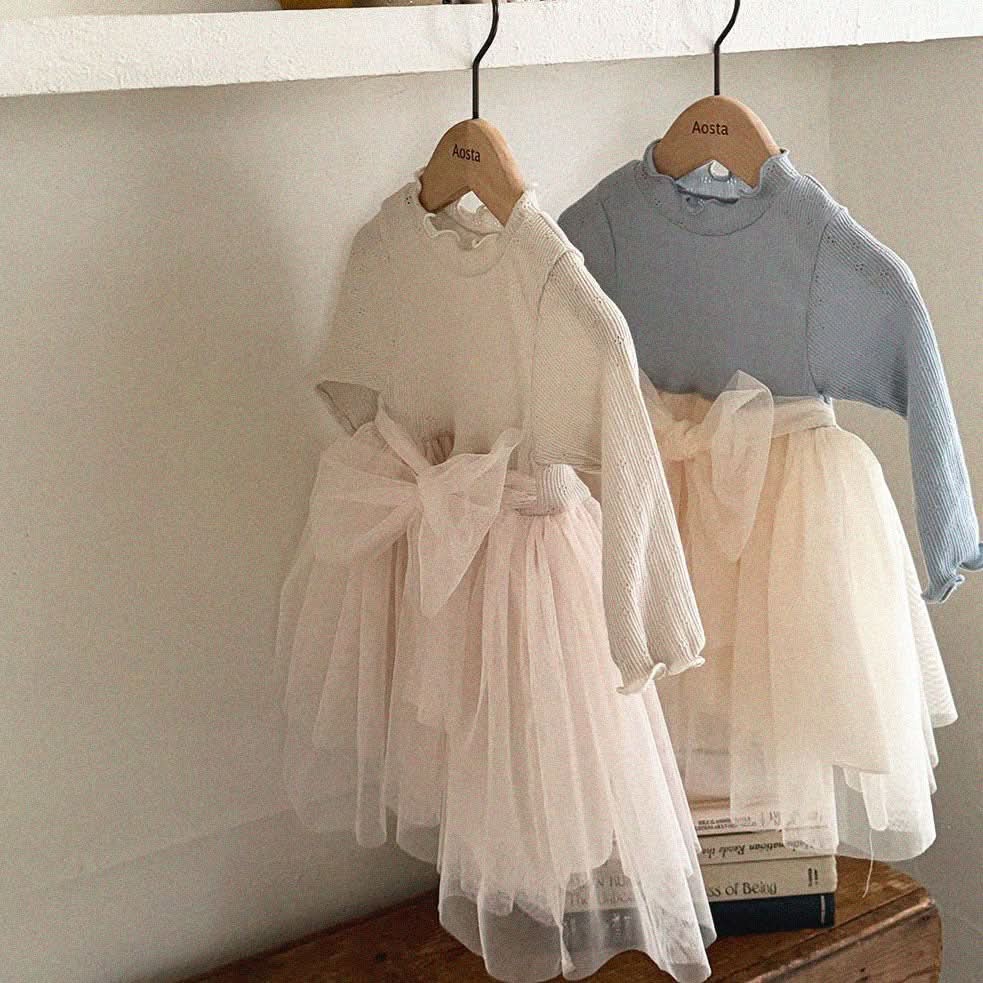 Baby/Toddler Aosta S25 Lettuce Edge Pointelle Ribbed Top Organza Bow Tutu Dress(3m - 5y) - 2 Colors kids outfit