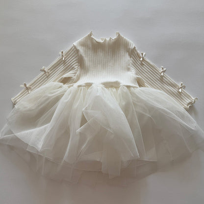 Baby/Toddler Aosta SP26 Bow Detail Lettuce - Edge Ribbed Long Sleeve Top Tutu Dress (3m - 5y) - 2 Colors - AT NOON STORE
