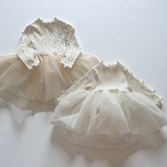 Baby/Toddler Aosta SP26 Bow Detail Lettuce - Edge Ribbed Long Sleeve Top Tutu Dress (3m - 5y) - 2 Colors - AT NOON STORE
