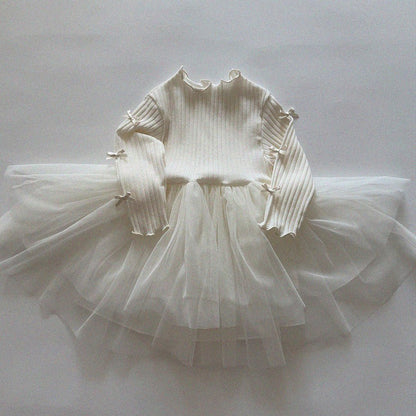 Baby/Toddler Aosta SP26 Bow Detail Lettuce - Edge Ribbed Long Sleeve Top Tutu Dress (3m - 5y) - 2 Colors - AT NOON STORE