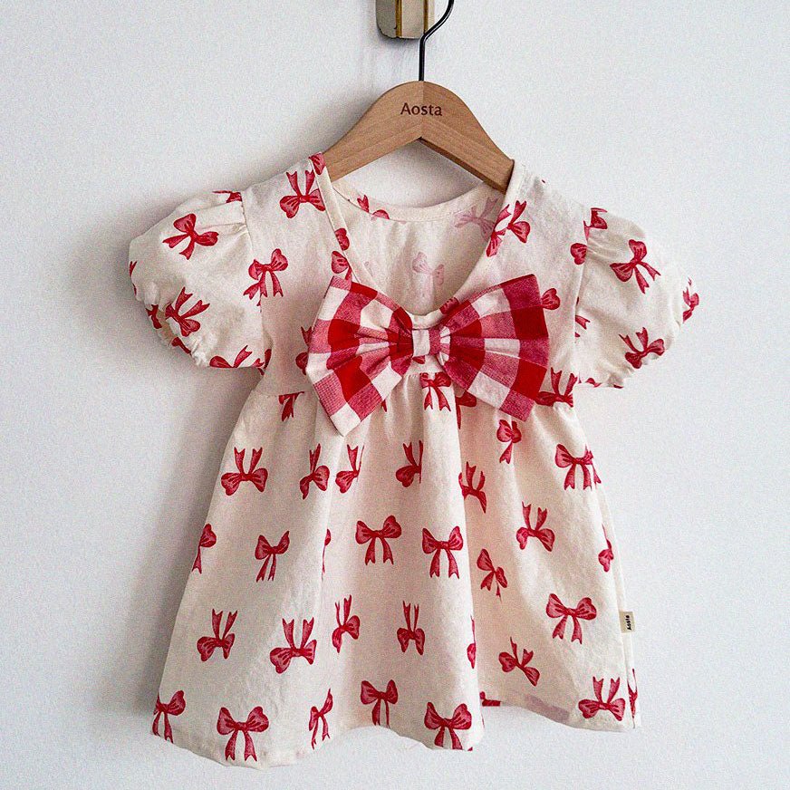 Baby/Toddler Aosta SS25 Big Bow Puff Sleeve Flare Dress (3m - 5y) - Ivory kids outfit