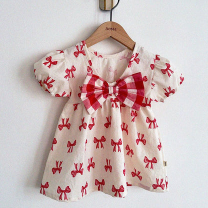 Baby/Toddler Aosta SS25 Big Bow Puff Sleeve Flare Dress (3m - 5y) - Ivory kids outfit