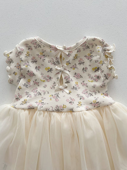 Baby/Toddler Aosta SS25 Floral Ribbed Lettuce - Edge Top Tutu dress (3m - 5y) - Ivory kids outfit