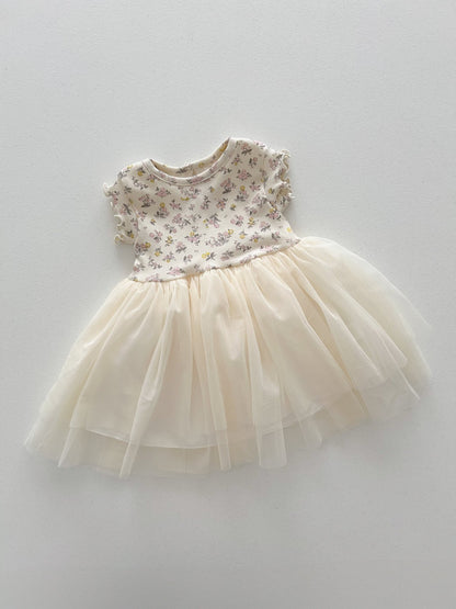 Baby/Toddler Aosta SS25 Floral Ribbed Lettuce - Edge Top Tutu dress (3m - 5y) - Ivory kids outfit