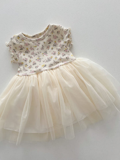 Baby/Toddler Aosta SS25 Floral Ribbed Lettuce - Edge Top Tutu dress (3m - 5y) - Ivory kids outfit