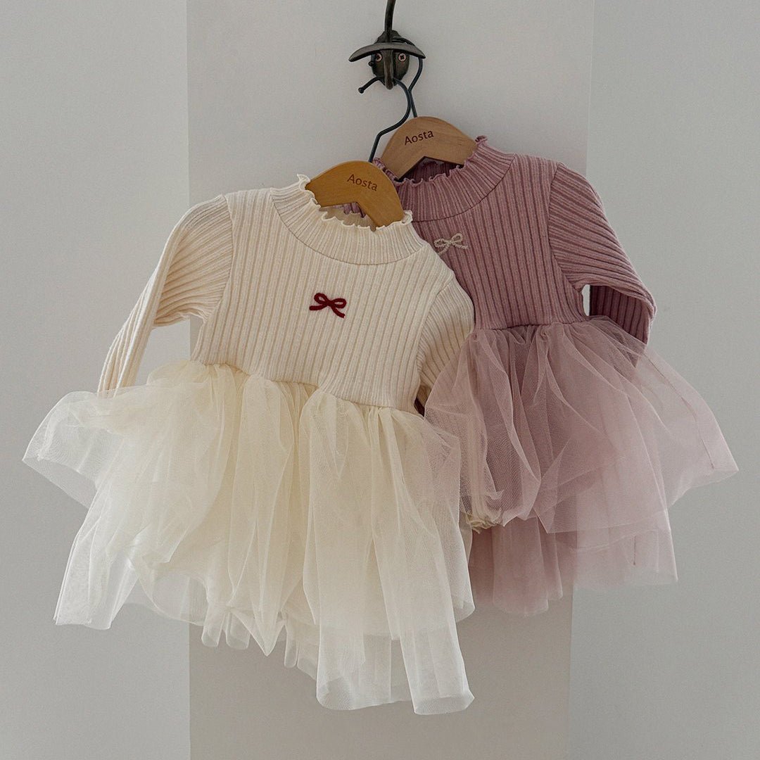 Baby/Toddler Aosta W25 Bow Embroidery Ribbed Lettuce - Edge Top Tutu dress (3m - 5y) - 2 Colors kids outfit