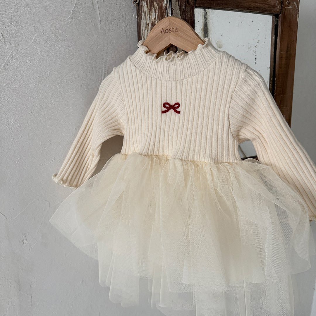 Baby/Toddler Aosta W25 Bow Embroidery Ribbed Lettuce-Edge Top Tutu dress (3m-5y)- 2 Colors Ivory / 1-2y(m)