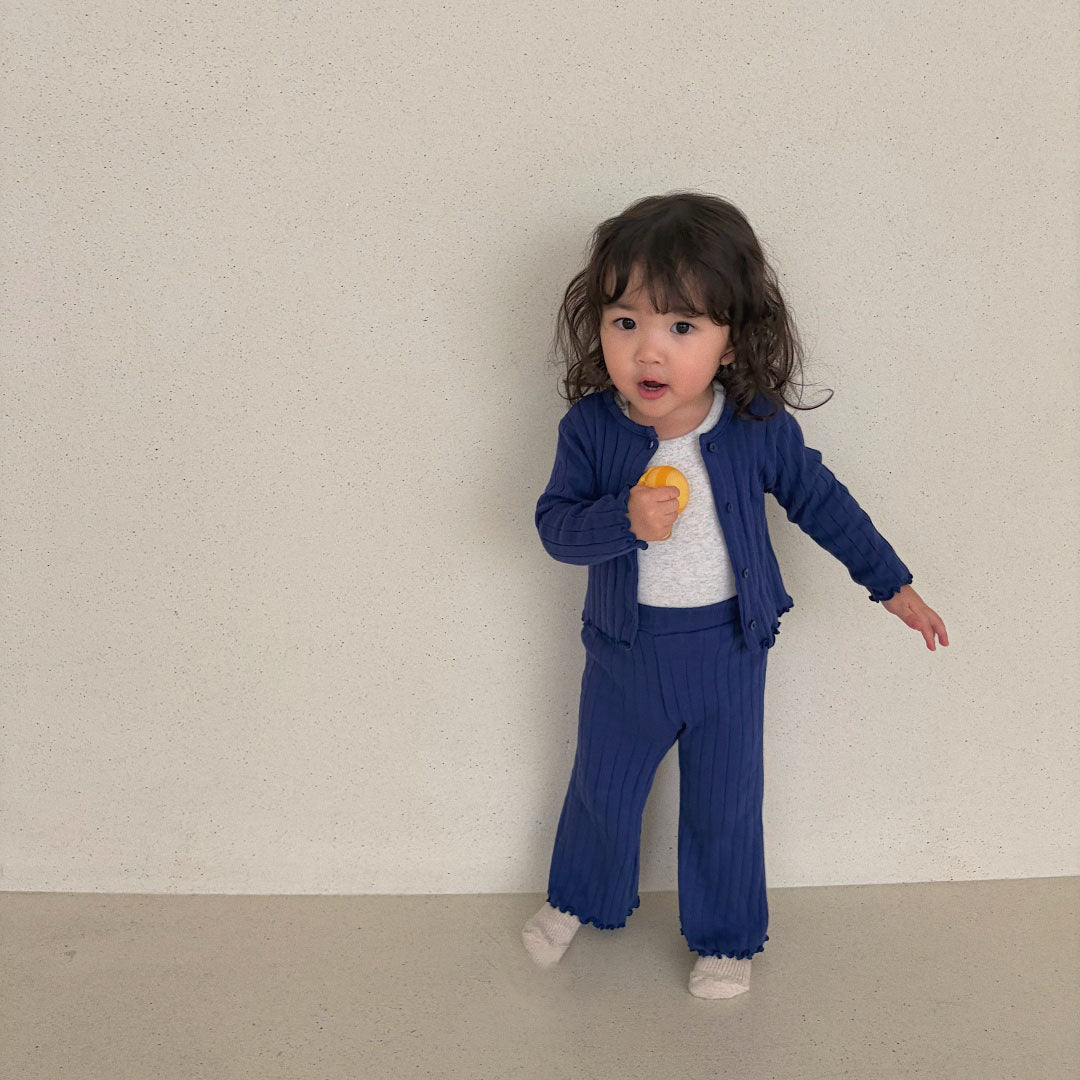 Baby/Toddler Bella F26 Lettuce-Edge Ribbed Cardigan (1-6y) - Blue kids outfit
