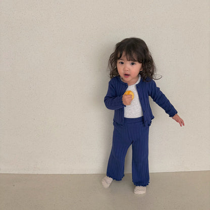 Baby/Toddler Bella F26 Lettuce-Edge Ribbed Cardigan (1-6y) - Blue kids outfit