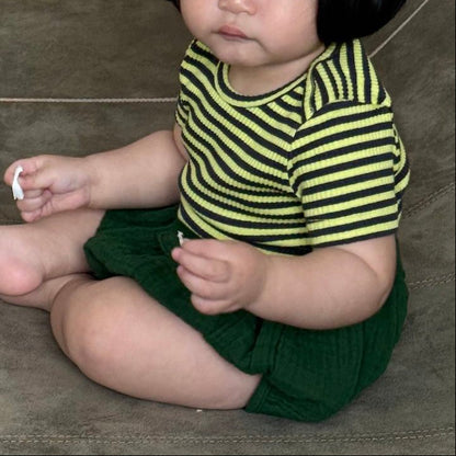 Baby/Toddler SS26 Stripe Ribbed Short Sleeve Top (6m - 4y) - Green kids outfit