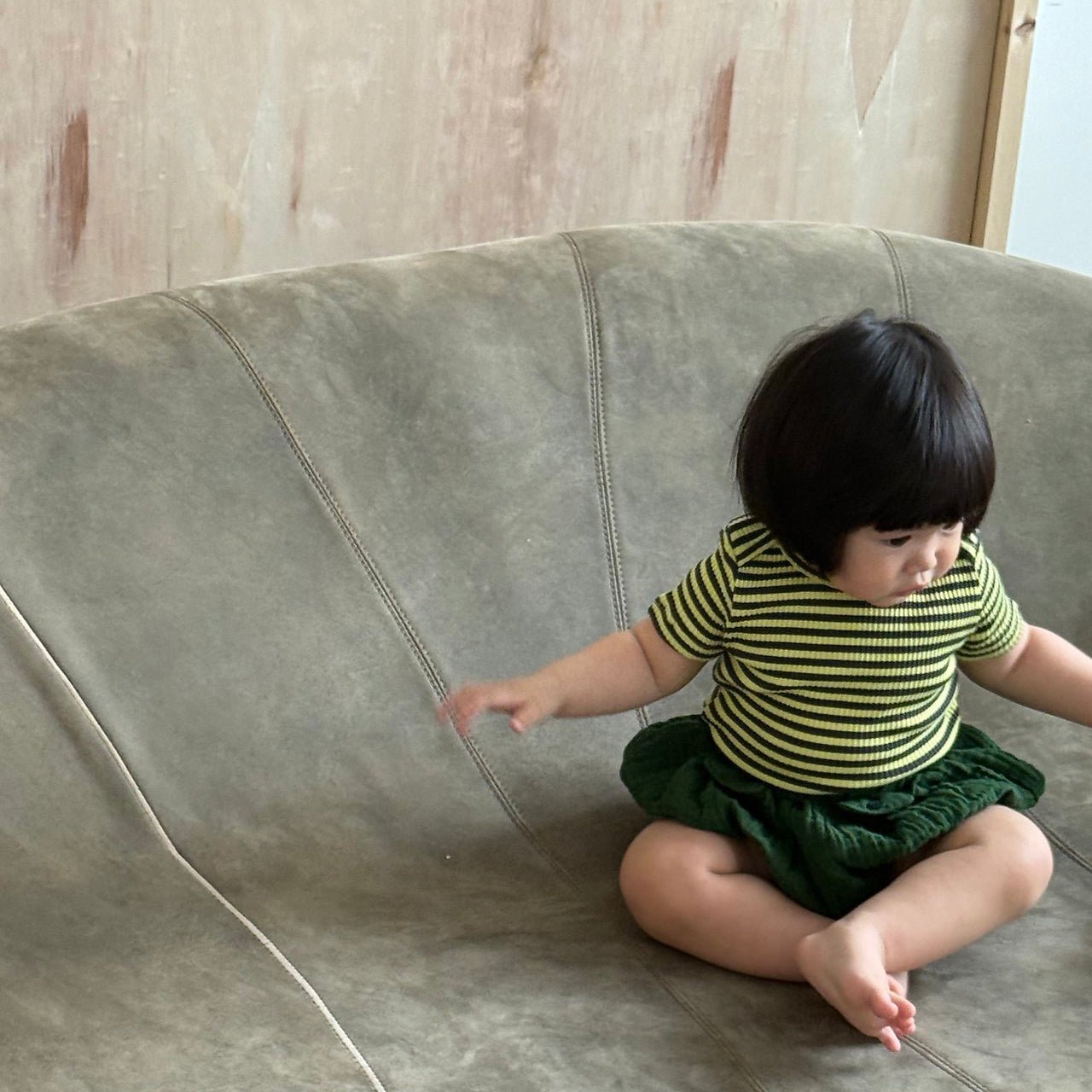 Baby/Toddler SS26 Stripe Ribbed Short Sleeve Top (6m - 4y) - Green kids outfit