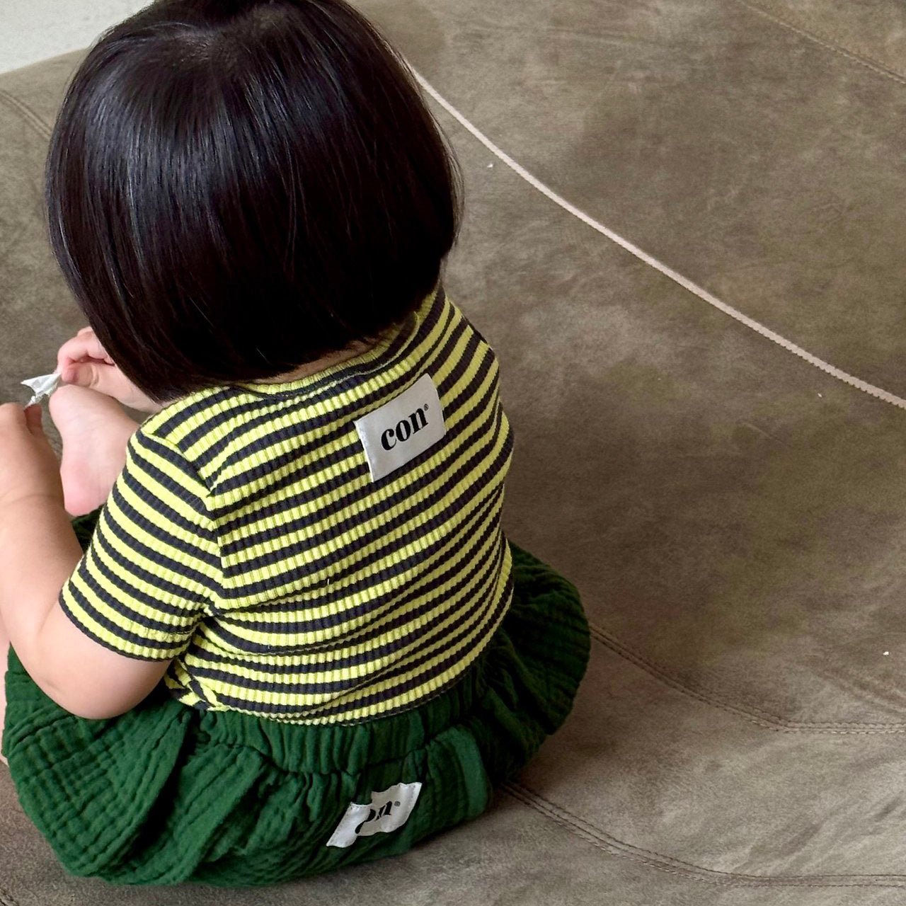 Baby/Toddler SS26 Stripe Ribbed Short Sleeve Top (6m - 4y) - Green kids outfit