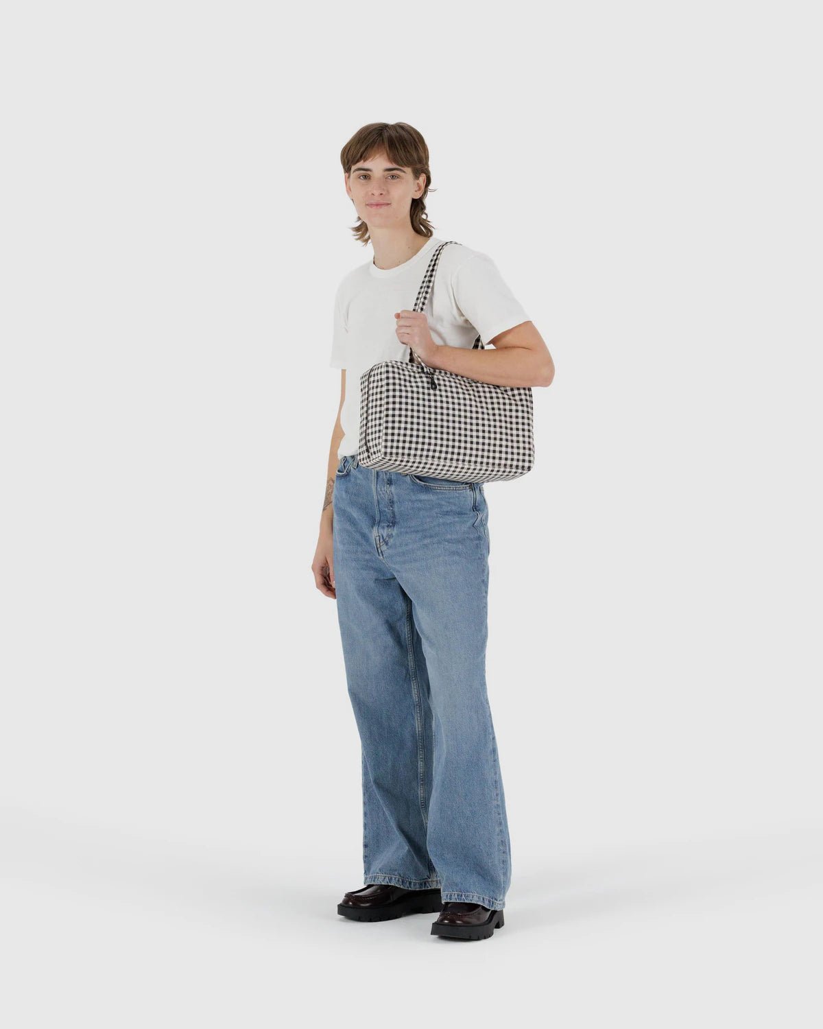 BAGGU Medium Nylon Bowler Bag - Black & White Gingham kids outfit