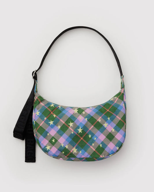 BAGGU Medium Nylon Crescent Bag  - Green Star Plaid